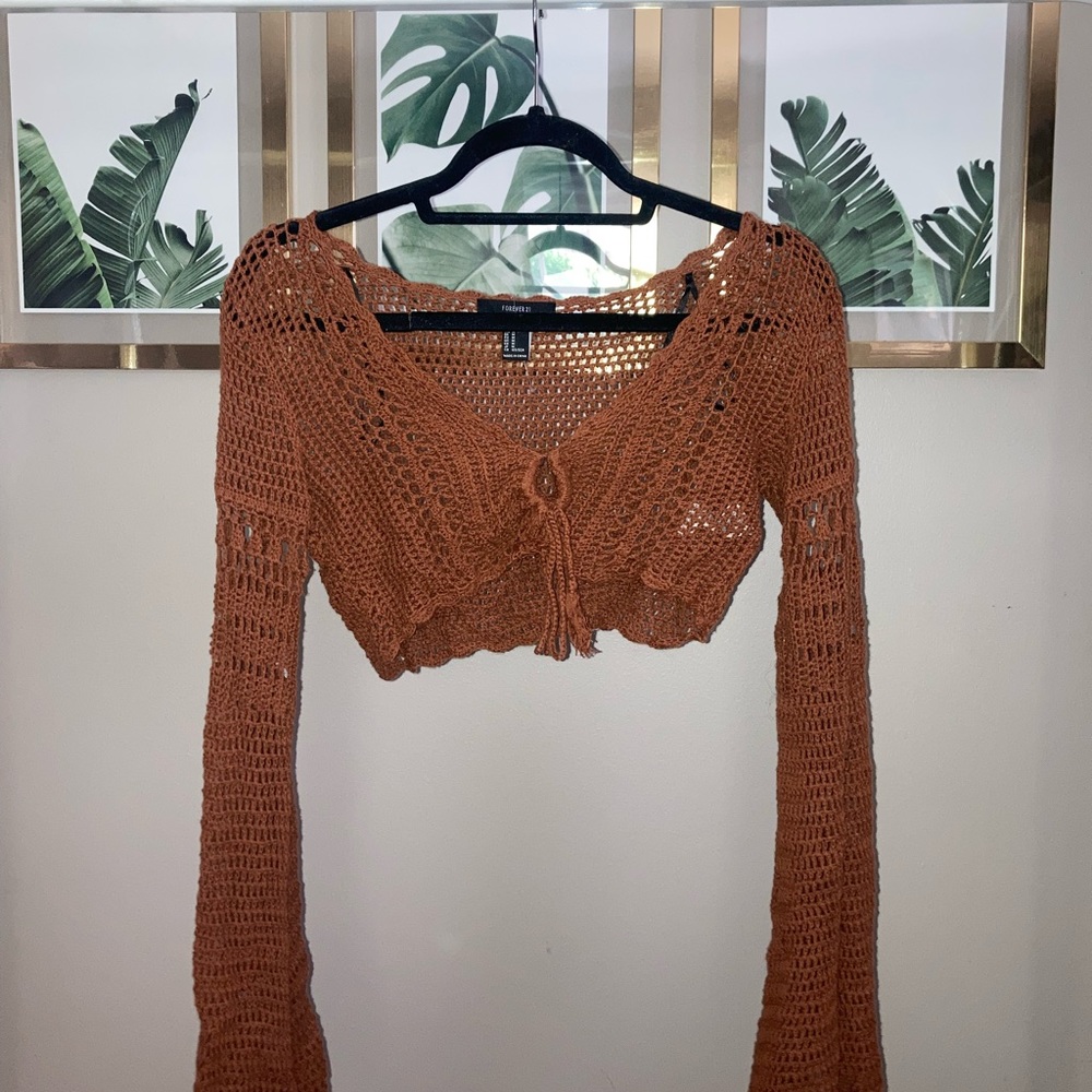 Forever 21 Knit Mesh Brown Crop Top 70s Retro Size Medium NEVER WORN